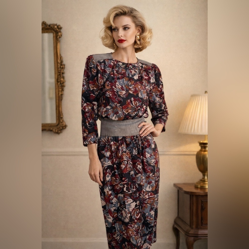 Vintage St. Gillian by Kay Unger Silk Wool belted maxi dress, 1980's size 6